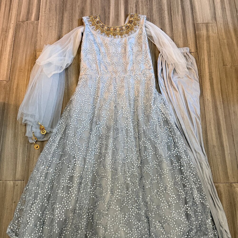 🌟 Silver Embellished Anarkali Dress with Matching Pants + Dupatta 🌟